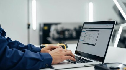 Technician typing on a laptop in a modern factory. Engineer working with industrial software for data analysis. Technology and manufacturing concept.