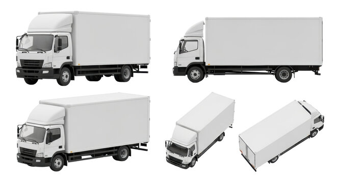 Multiple views of a pristine, unbranded white commercial delivery truck against an infinite white studio background with copy space, photorealistic 3D render, concept for logistics branding