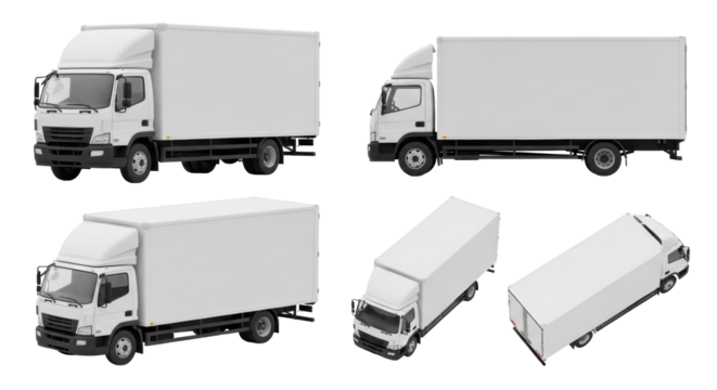 Multiple views of a pristine, unbranded white commercial delivery truck against an infinite white studio background with copy space, photorealistic 3D render, concept for logistics branding