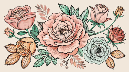 Elegant line art illustrations of different rose flower stages and blossoms, delicate botanical beauty, graceful outlines, perfect for romantic invitations, decorative branding, or floral-themed graph