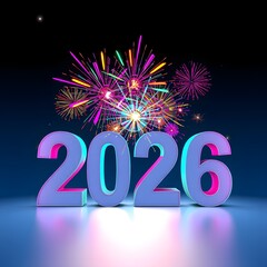 Happy New Year 2026 Celebration &ndash; Golden and Futuristic Neon Numbers with Fireworks