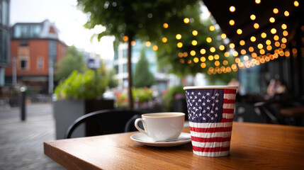 Table in a cafe with disposable tableware with an American flag on it, outdoors, close-up. Election Day in the USA. America Day. Festive Mood on President's Day