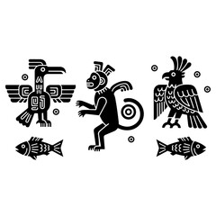 Ancient Aztec Symbols Depicting Animals and Fish in Black.