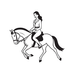 Black and white line art of a beautiful woman with perfect body riding horse elegant minimalist illustration