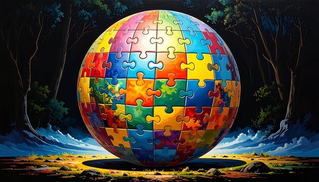 Colorful jigsaw globe in forest