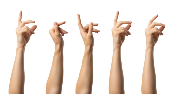 Five isolated light-skinned human hands presenting or gesturing, fingers delicately posed, detailed on a pristine transparent studio background, soft lighting, concept for product presentation