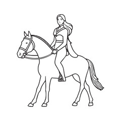 Black and white line art of a beautiful woman with perfect body riding horse elegant minimalist illustration