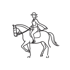Fototapeta premium Black and white line art of a beautiful woman with perfect body riding horse elegant minimalist illustration