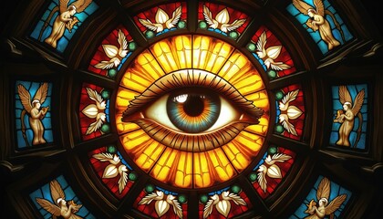 All seeing eye design in stained glass window. Features angels, divine light, vibrant colors. Religious art, symbolic architecture, cathedral heritage, spiritual symbolism, divine providence theme.