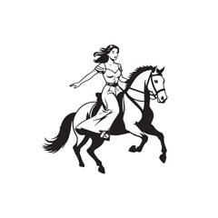 Black and white line art of a beautiful woman with perfect body riding horse elegant minimalist illustration