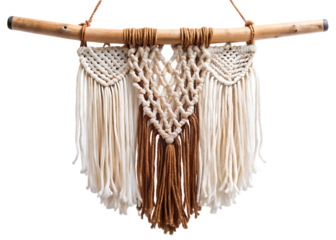 white and brown macrame hanging from a wooden bran  isolated on white background ,PNG. AI Generated