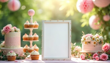 Blank invitation mockup in garden party setting. White frame on table with cakes flowers and cupcakes. Pastel pink green color palette. Birthday wedding celebration concept.
