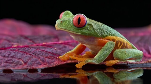 Close-up portrait of a vibrant red-eyed tree frog (agalychnis callidrya) perched on a green tropical leaf in indonesia rainforest, exotic amphibian wildlife photography, colorful nature macro shot