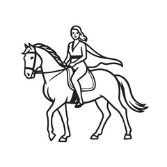 Black and white line art of a beautiful woman with perfect body riding horse elegant minimalist illustration