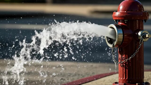 Red fire hydrant spraying high-pressure water onto a street. Water gushing from an open valve. Public utility and system flushing concept.