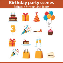 Birthday Party Scene &ndash; Festive Celebration Vector Illustrations with Balloons, Cake, Gifts, Friends, and Party Decorations
