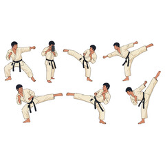 Karate practitioners in various stances demonstrating martial arts techniques.