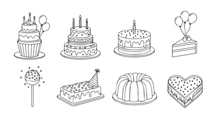 Hand drawn sketch collection of delicious birthday cakes and desserts for celebrations silhouette