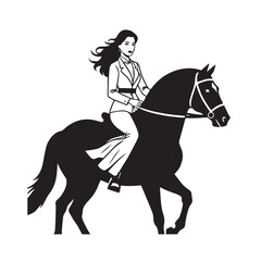 Black and white line art of a beautiful woman with perfect body riding horse elegant minimalist illustration