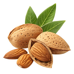 Group of almonds with leaves isolated on transparent background