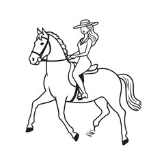 Black and white line art of a beautiful woman with perfect body riding horse elegant minimalist illustration