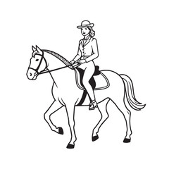 Black and white line art of a beautiful woman with perfect body riding horse elegant minimalist illustration