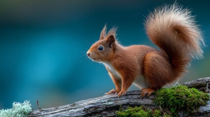 Red squirrel perched on the tip of a moss-covered log with a blurred blue-green forest background in cairngorms national park, scotland