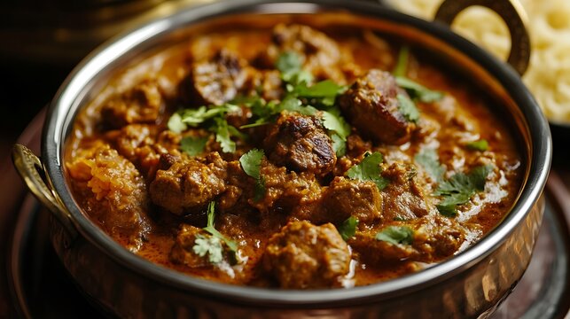 Lamb roan gosht mutton korma karahi with red rice served