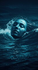 Woman with closed eyes in the sea as a symbol of world ocean day. Connection with nature, pulse and energy of ocean for greeting card, poster and banner