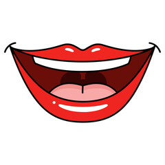 Smiling red lips with open mouth showing teeth and tongue.