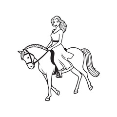 Black and white line art of a beautiful woman with perfect body riding horse elegant minimalist illustration
