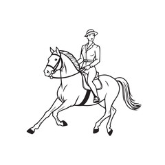 Black and white line art of a beautiful woman with perfect body riding horse elegant minimalist illustration