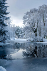 Discover the Tranquil Beauy of a Frozen Winter Lake:An Enchanting Winter Wondeland Amidst Snow-Covered Tees and Stunning Natural Tanquility
