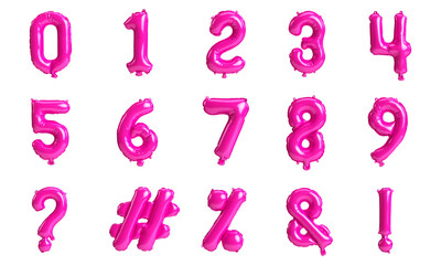 Pink balloon numbers and symbols set isolated on white background, 3d illustration