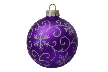 Purple christmas bauble decoration showing glittery silver snowflakes and swirls, adding festive elegance to holidays