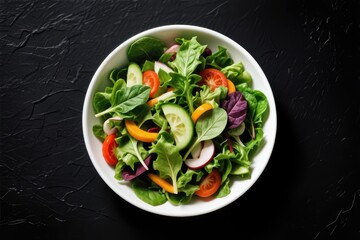 Green vegan salad made from mixed green leaves and vegetables. Top view on gray stone table.