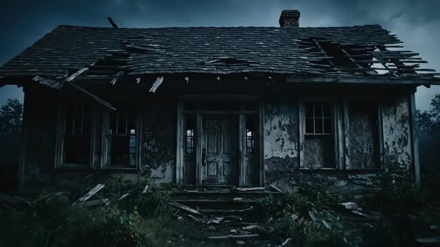 Create a descriptive title (>=6 words, <=180 chars) without keywords.     *   "An old, abandoned, and dilapidated house with a damaged roof and overgrown sur...