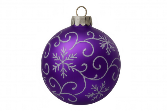 Purple christmas bauble decoration showing glittery silver snowflakes and swirls, adding festive elegance to holidays