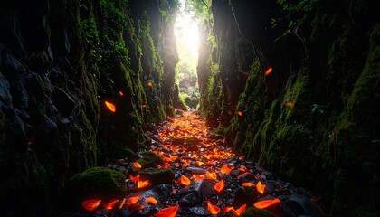 Walking Through Mossy Gorge with Bright Orange Leaves on the Ground