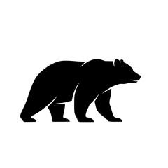 A bold black silhouette of a standing bear in profile isolated on transparent background for graphic design and wildlife themes