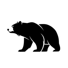 Stylized black silhouette of a powerful grizzly bear walking with its mouth open showing teeth isolated on transparent background