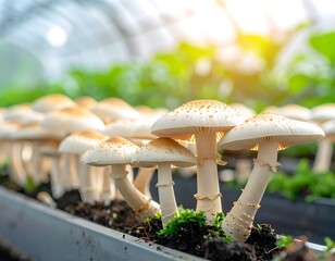Cultivated mushrooms in a greenhouse setting