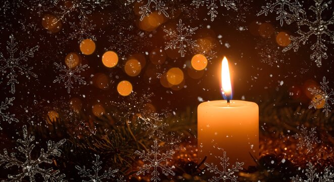 Snowflakes overlapping with a glowing candle in festive tones.
