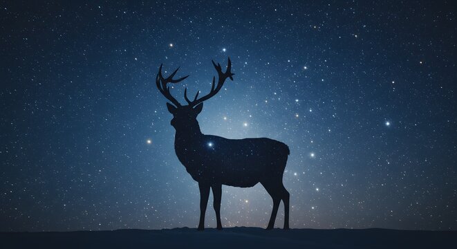 Silhouette of reindeer filled with starry winter night sky.