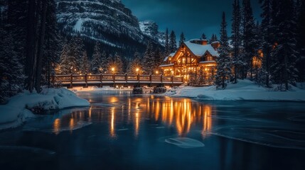 Obraz premium Snowy chalet by a frozen river at night
