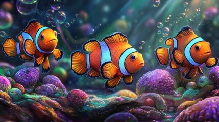 Fototapeta premium Three clownfish swim among vibrant coral reefs. Underwater scene with bubbles
