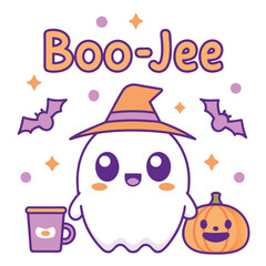 Cute cartoon ghost with witch hat and pumpkin isolated on white background halloween illustration with adorable spooky character and text