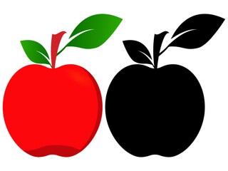 Apple clipart design. Doodle apple with green leaf vector art and another flat black design. Apple with green leaf vector and black shape art