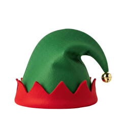 A festive, traditional green felt elf hat with a red zigzag brim and golden jingle bell, isolated against a transparent background with ample copy space, high-quality Christmas holiday concept