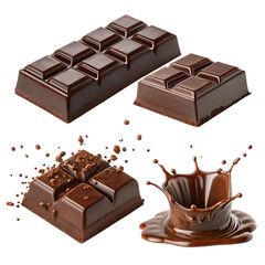 Assortment of dark chocolate bars and splashes isolated on transparent background